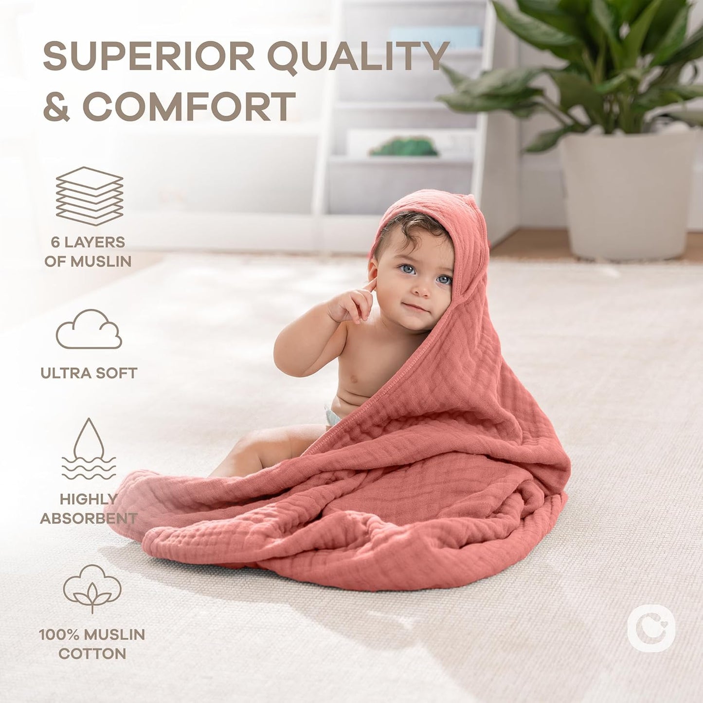 Comfy Cubs Hooded Baby Towel 1-Pack, Large 32 x 32 Inch - 6 Layer 100% Muslin Cotton for Babies, Toddlers and Kids - Soft & Absorbent Baby Bath Towels - Unisex Design for Bath Time - Dusty Rose