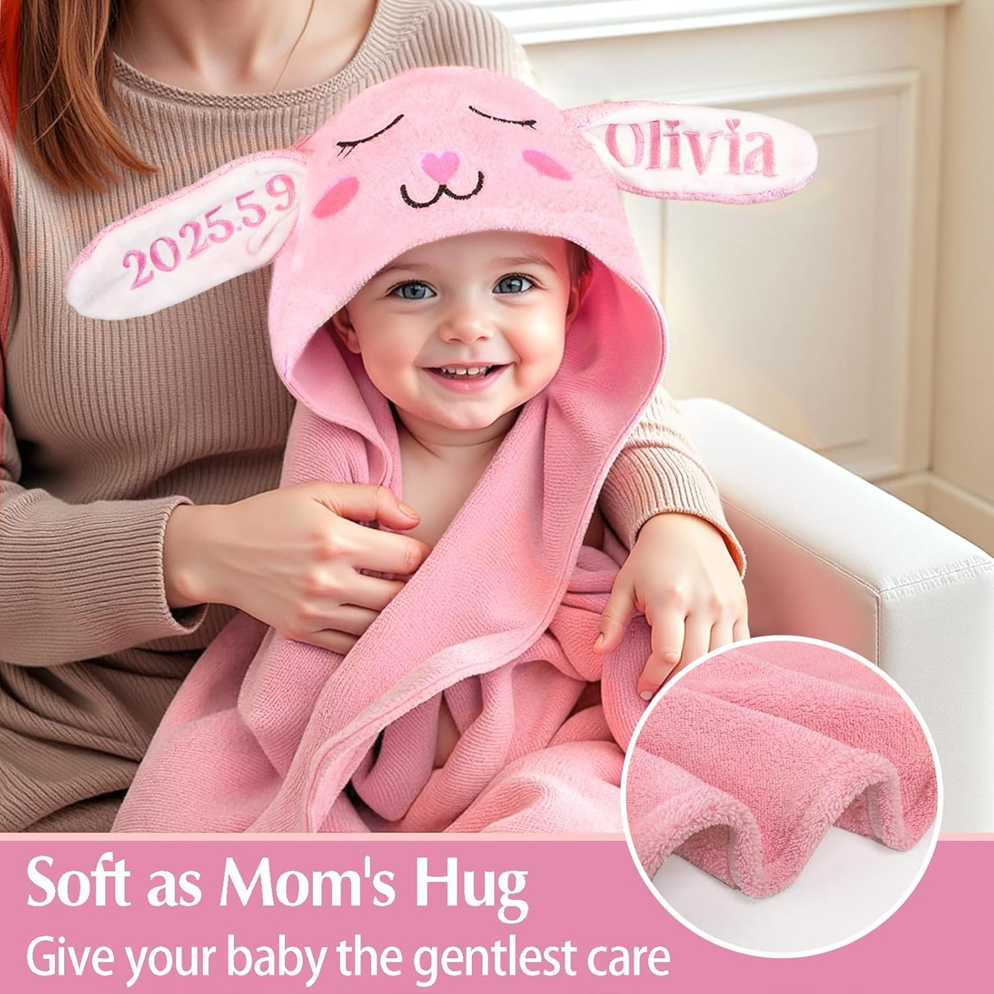 Custom Hooded Baby Towel with Name, Personalized Soft Absorbent Bunny Bath Towel, Shower Towels for Girls Boys, Easter Brithday for Baby, Toddler, Newborn Essential