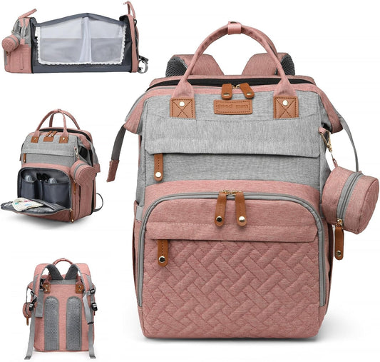 Baby Diaper Bags with Changing Station, Large Capacity Diaper Bag Backpack for Moms Dads with USB Charging Port,Travel Baby Bag with Pacifier Case & Stroller Straps(Up-PinkGrey)