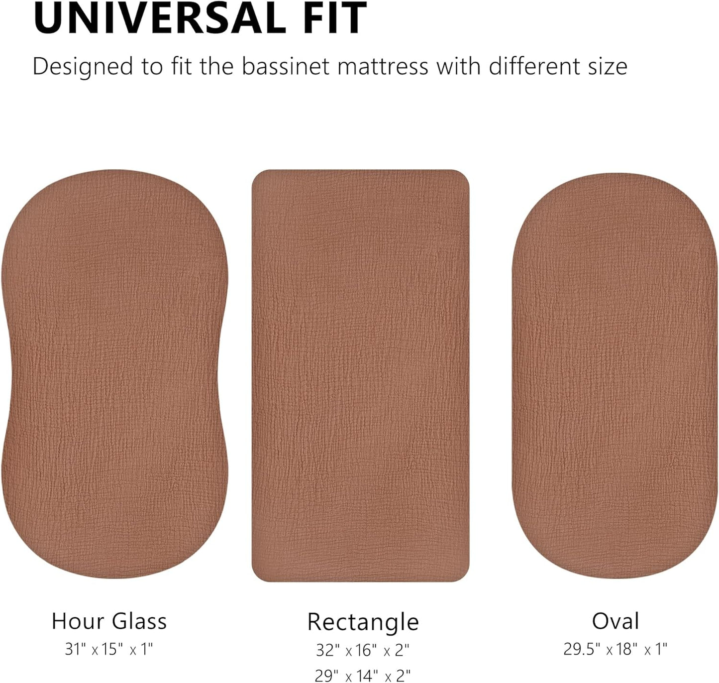 TILLYOU Muslin Bassinet Sheets Girls Boys, 100% Cotton Bassinet Sheets, Fit Oval, Rectangle and Square Mattress, 2 Pack，Caramel&Brown