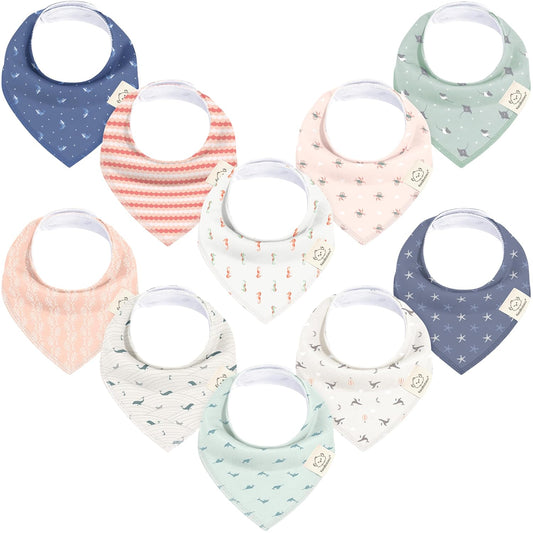 10-Pack Organic Baby Bandana Bibs for Girls - Super Absorbent Triangle Baby Bibs for Drooling and Teething Infant, 100% Cotton Extra Soft for Newborn, Infant 0-36 Months (Marine Muse)