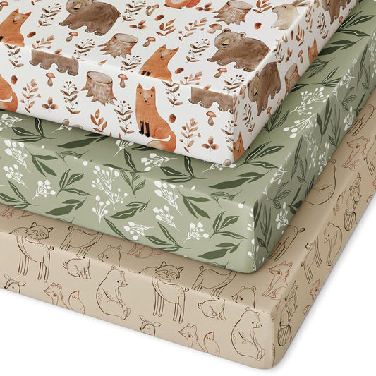 Pack and Play Sheets Fitted 3 Pack, Mini Crib Sheets for Pack N Play Mattress Stretchy Portable Playard Sheets, Soft Breathable Green & Brown Fox