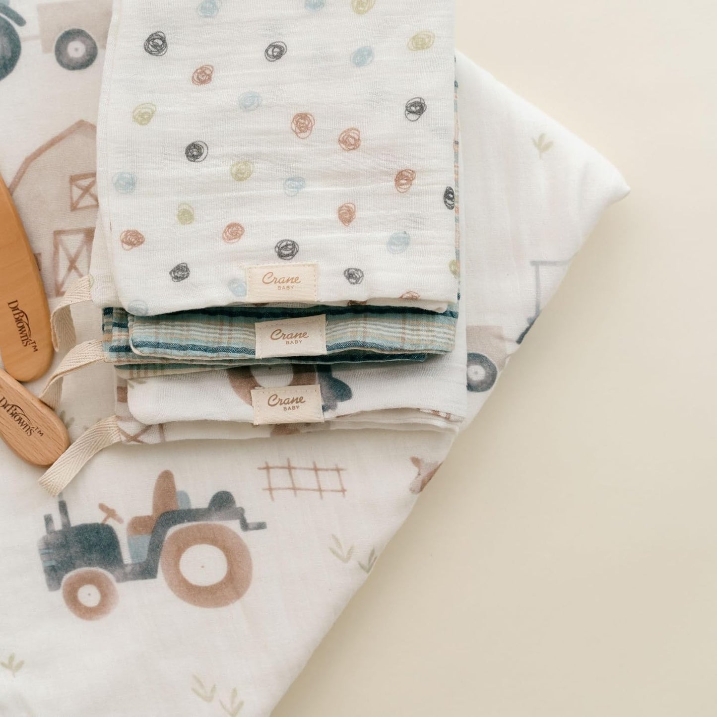 Crane Baby Hooded Towel & Washcloth Set, Charlie Farmhouse Tractor Hooded Baby Towels and Washcloths Set, Baby Bath Essentials, Washcloths for Newborn, Muslin Towel for Babies