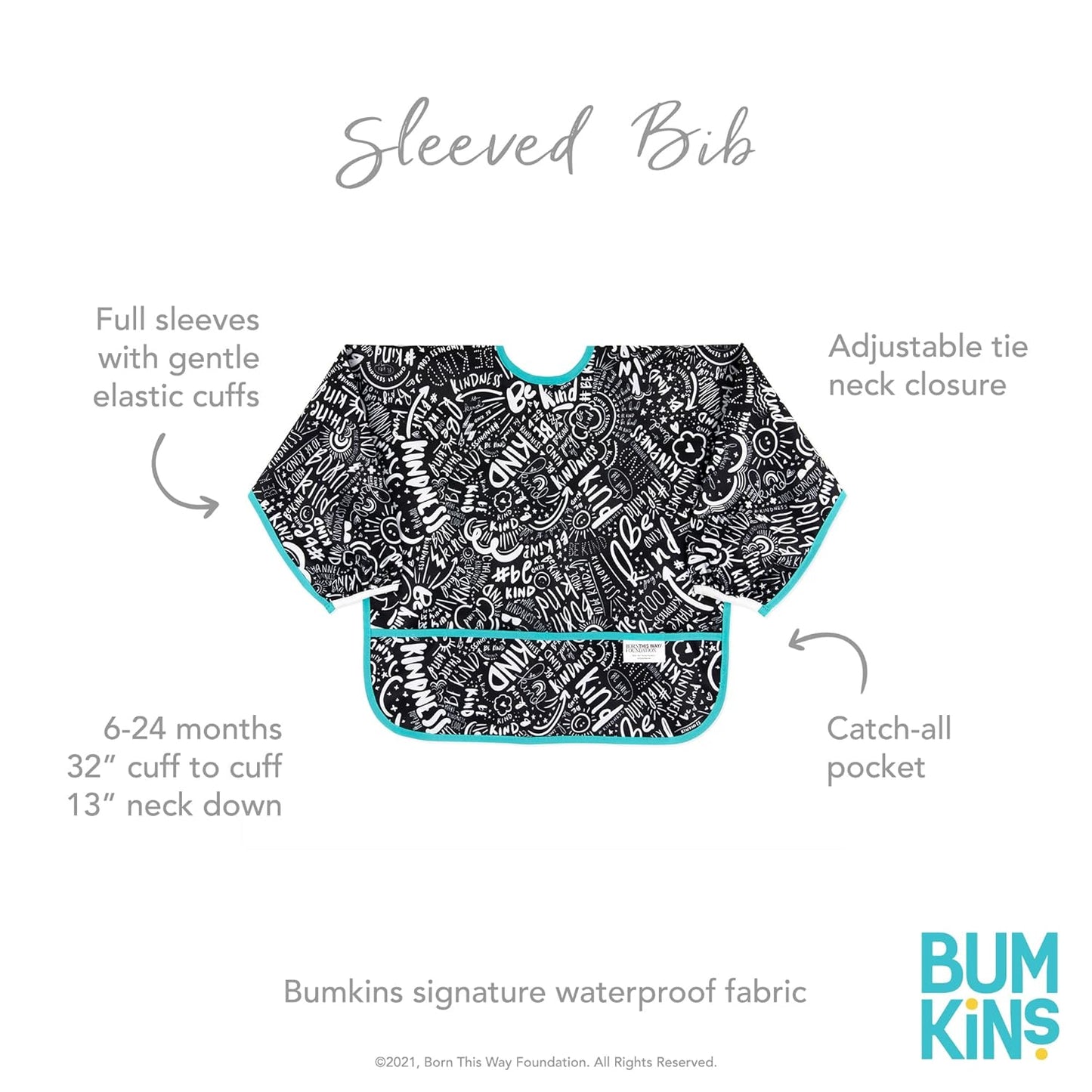Bumkins - Sleeved Bib - For Boys & Girls, Babies & Toddlers 6-24 Months - Lightweight, Durable, Waterproof - Long Sleeve Bib - Catch-All Pocket - Wipeable & Machine Washable - Btwf - 2 Pack