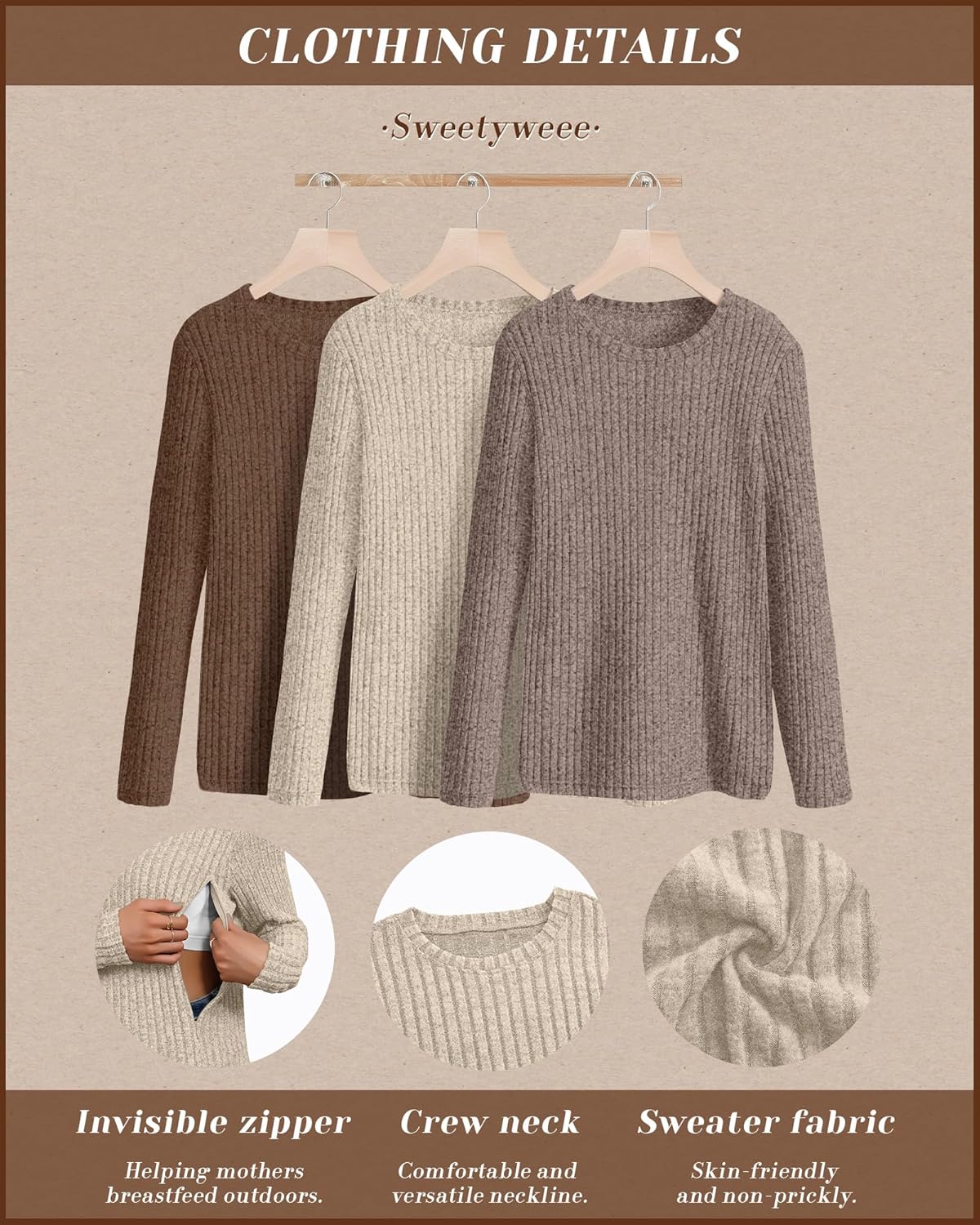 3 Pack Women's Nursing Long Sleeve Tops Breastfeeding Thermal Sweaters with Hidden Zipper Maternity Ribbed Shirts