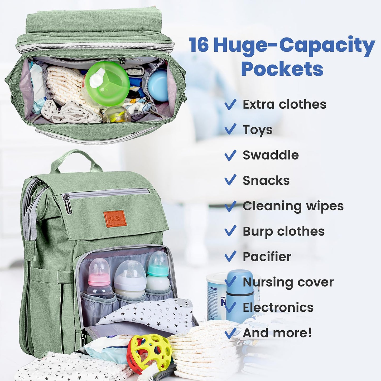 PILLANI Baby Diaper Bag Backpack - Large Bag for Boys & Girls, Waterproof Diaper Backpack - Travel Diaper Bags w/Changing Pad, Baby Registry Search & Shower Gifts - Essentials Must Haves Newborn Stuff