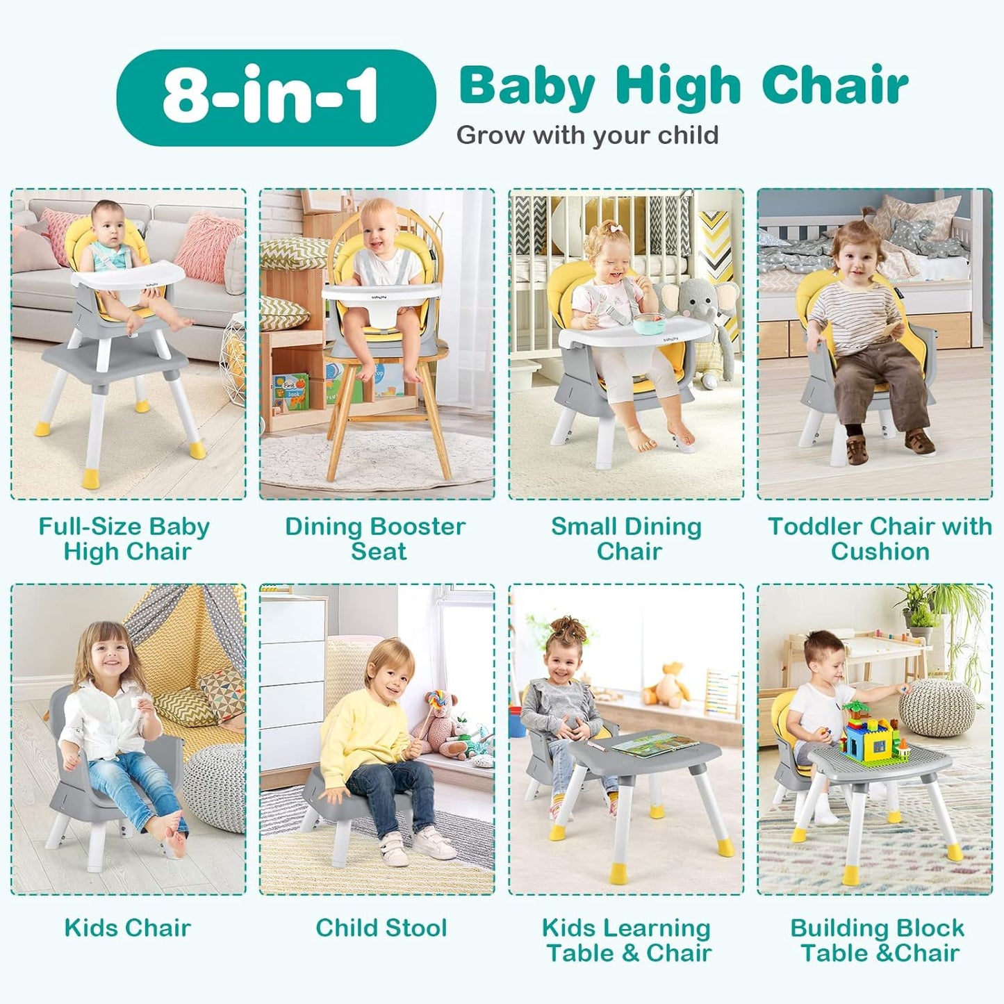 BABY JOY Baby High Chair, 8 in 1 Convertible Highchair for Babies & Toddlers | Booster Seat | Table and Chair Set | Building Block Table | Toddler Chair with Safety Harness, Removable Tray (Yellow)