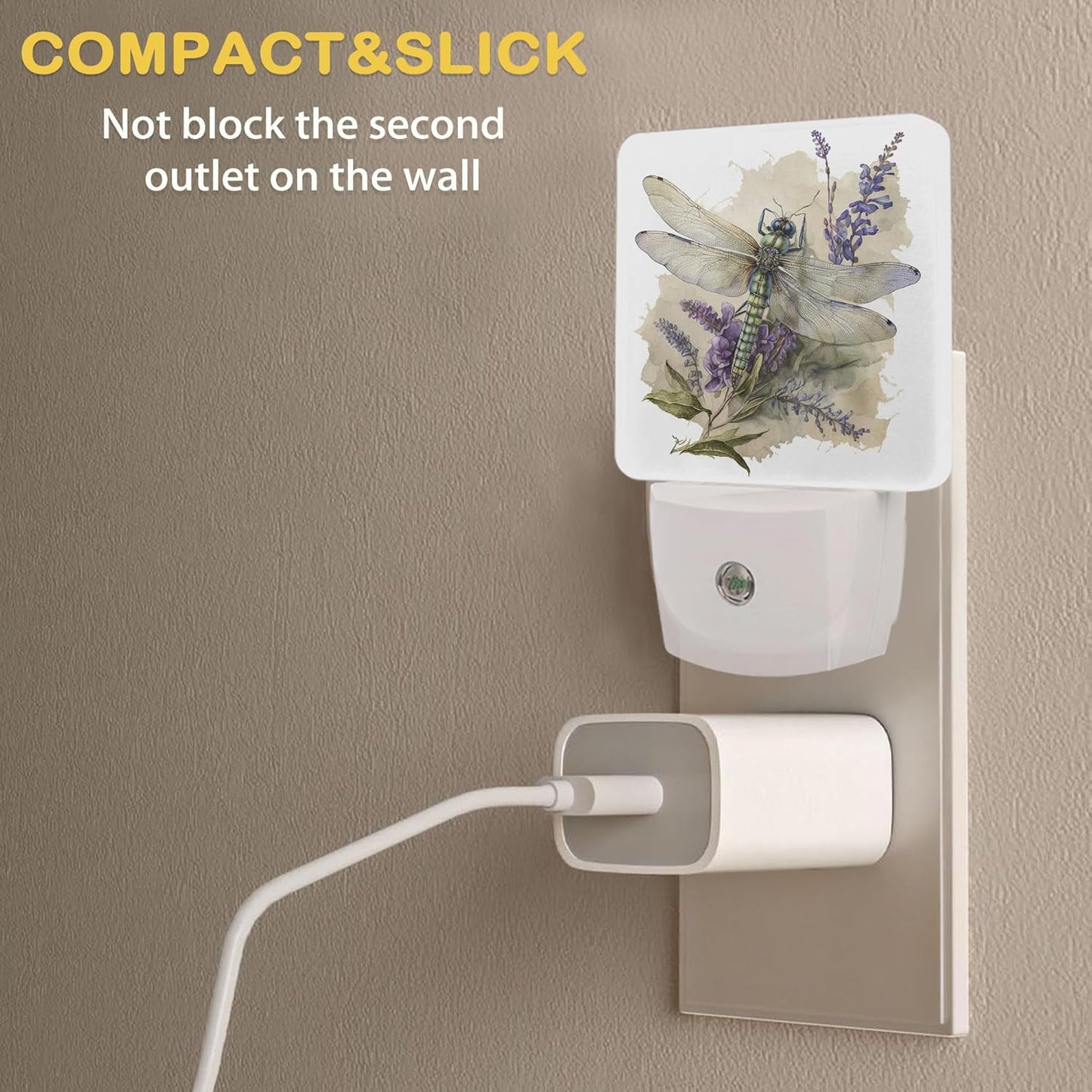 Dragonfly Watercolor Night Light with Dusk to Dawn Light Sensors, Plug-in Wall Led Night Lights, Energy Efficient Lamp for Bedroom/Bathroom/Kitchen/Hallway/Stairs