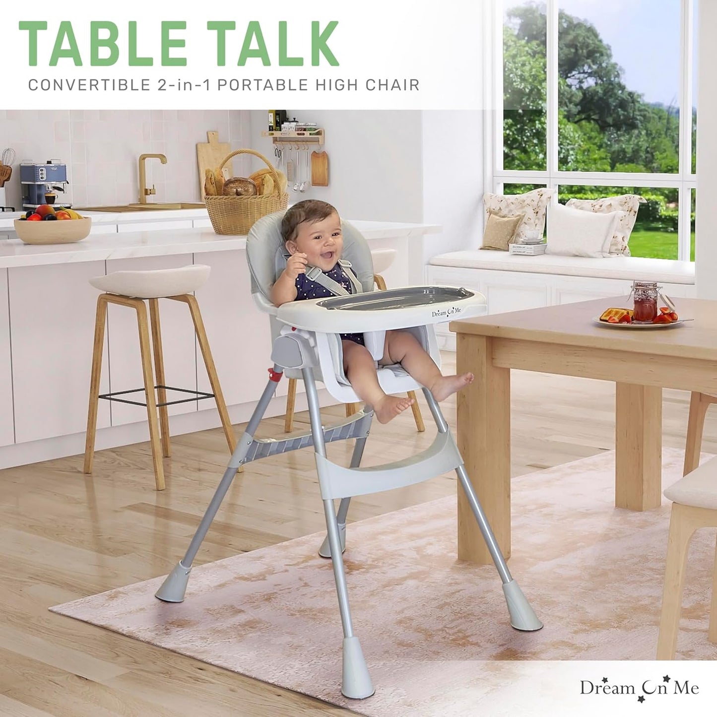 Dream On Me Portable 2-in-1 Tabletalk High Chair, Convertible Compact High Chair, Light Weight Portable Highchair, Grey