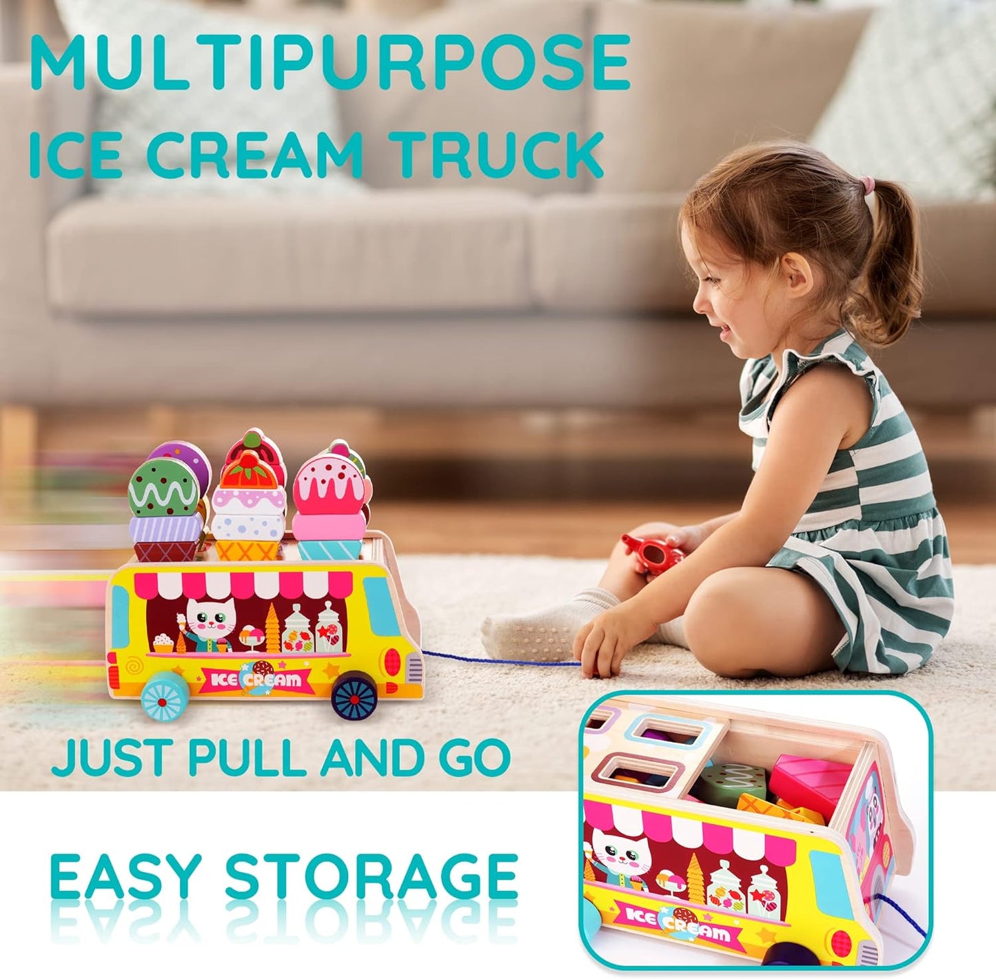 Wooden Ice Cream Truck, 28 pcs Magnetic Ice Cream Sweet Treats Pretend Play Food & Accessories, Montessori Sorting & Stacking Toys for Toddler Girls & Boys Age 2-5