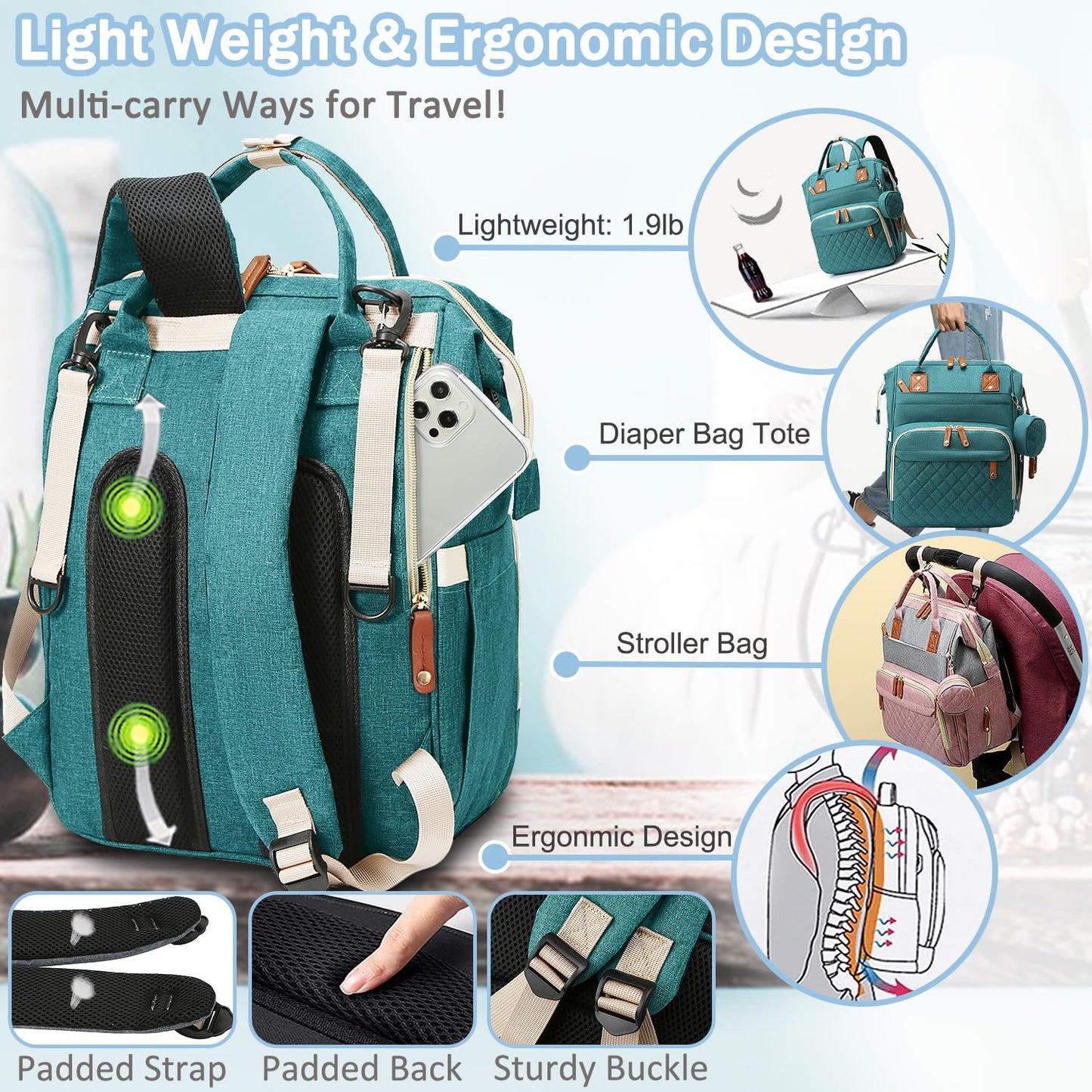 Diaper Bag Backpack Baby Bag, Baby Girl Boy Diaper Bag for Dad Mom with Pad, 16 Pockets, Pacifier Case, Large Diaper Bags Unisex for Travel (Green)