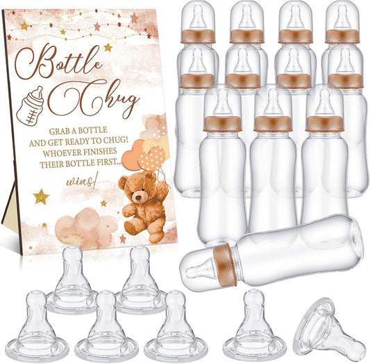 Bear Cool Baby Shower Games Bottle Chug Sign Wooden Brown Theme Gift Sets Gender Reveal Party Favors and 12 Pcs Baby Bottle Shower Favor for Gender Reveal Party Decor(Bear)