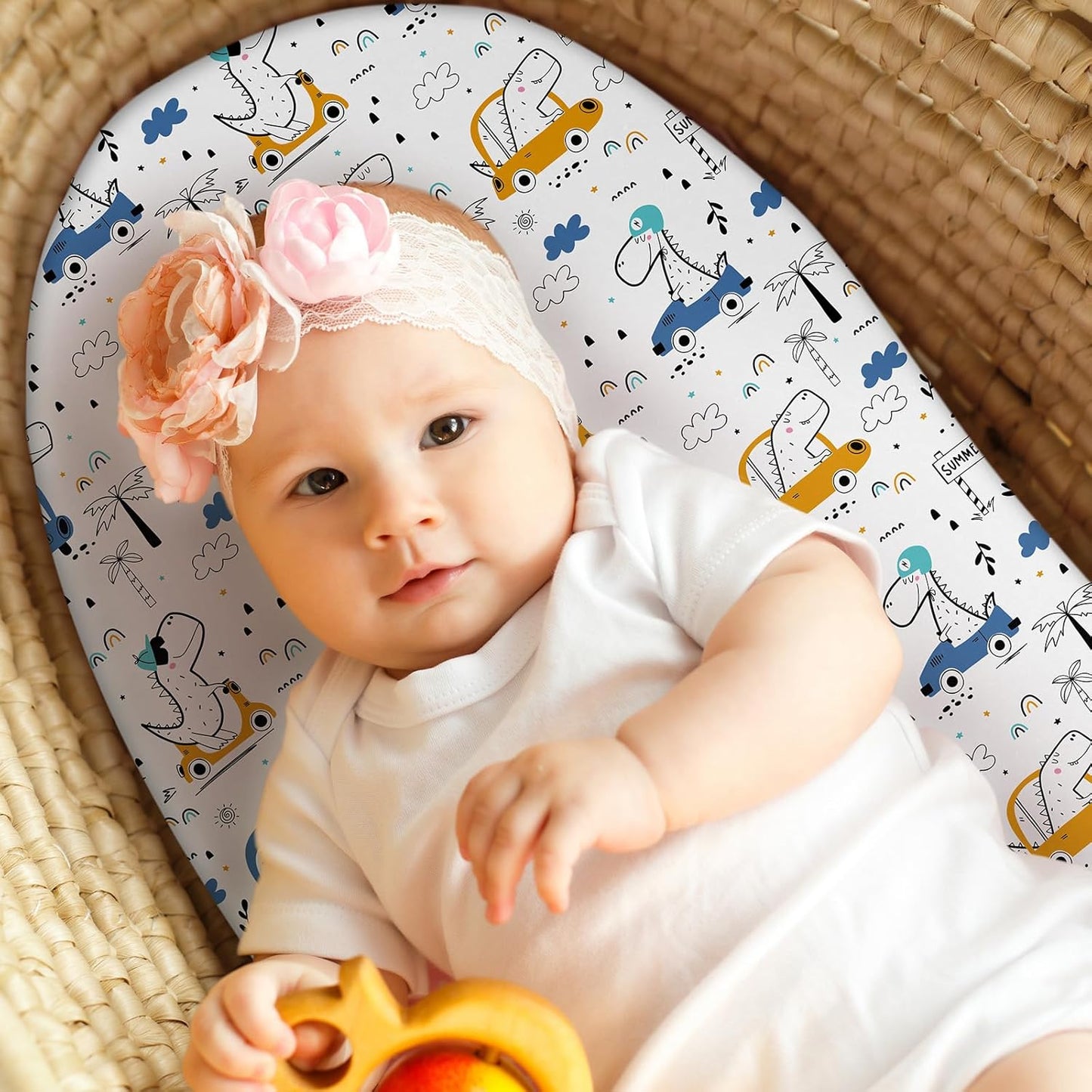 Baby Bassinet Sheets Girl Boy, Fitted Bassinet Sheet Set 3 Pack Bassinet Mattress Sheets Universal Fit for Rectangle, Round, Oval, Hourglass Mattress, Soft Breathable Grey & Blue Car