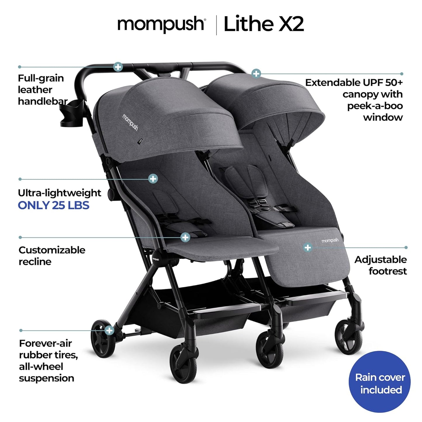 Mompush Lithe Double Stroller, Lightweight Side by Side Stroller for Newborn and Toddler, Easy Fold, Spacious Seats with Recline, UPF50+ Canopy
