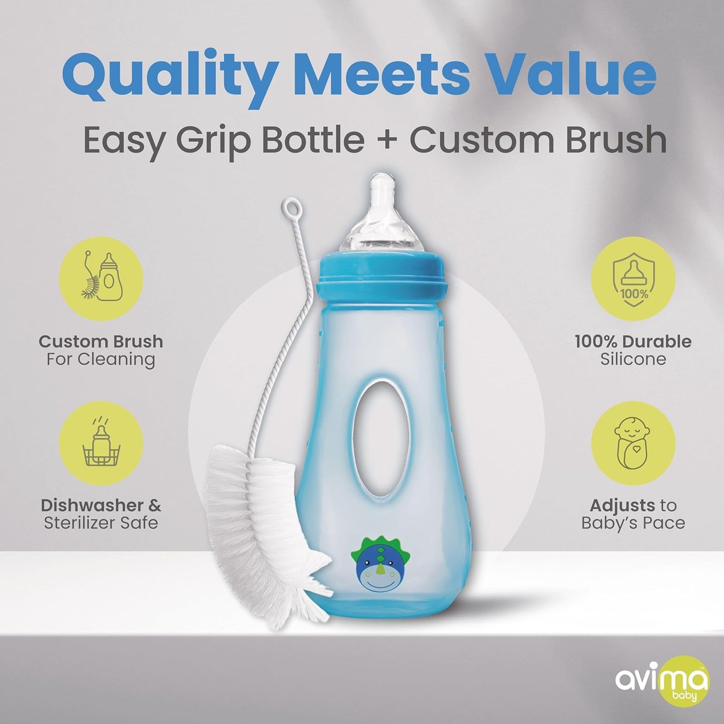 Avima Easy Grip Anti Colic Baby Bottles, BPA Free, 8 oz. Wide Neck w/Medium Flow Silicone Nipples & Bottle Brush Blue Set (Pack of 3)
