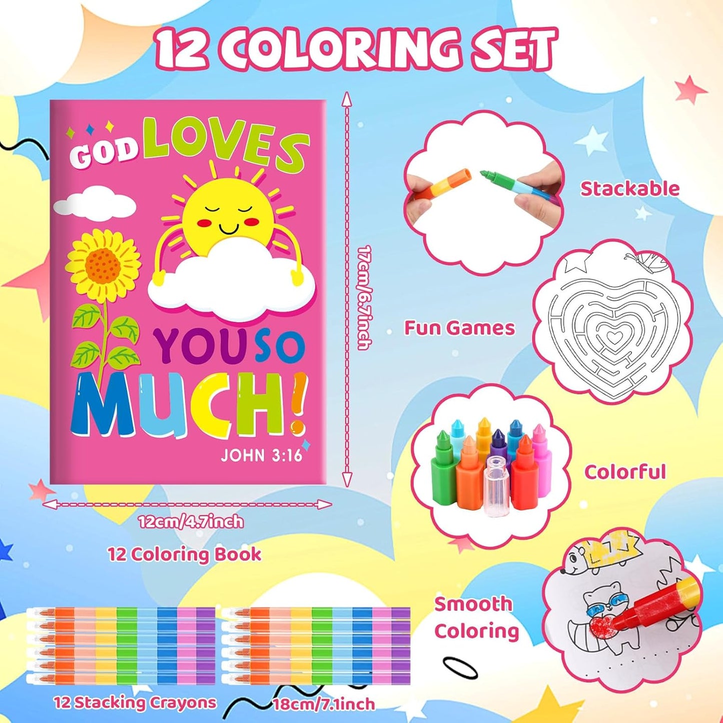 BenLouis 12 Bible Verses Mini Coloring Books Kids with 12 Stacking Crayons Christian Party Favors Small Activity Books Bulk for Kids Sunday School Religious Church Party Gift Goodie Bag Stuffers