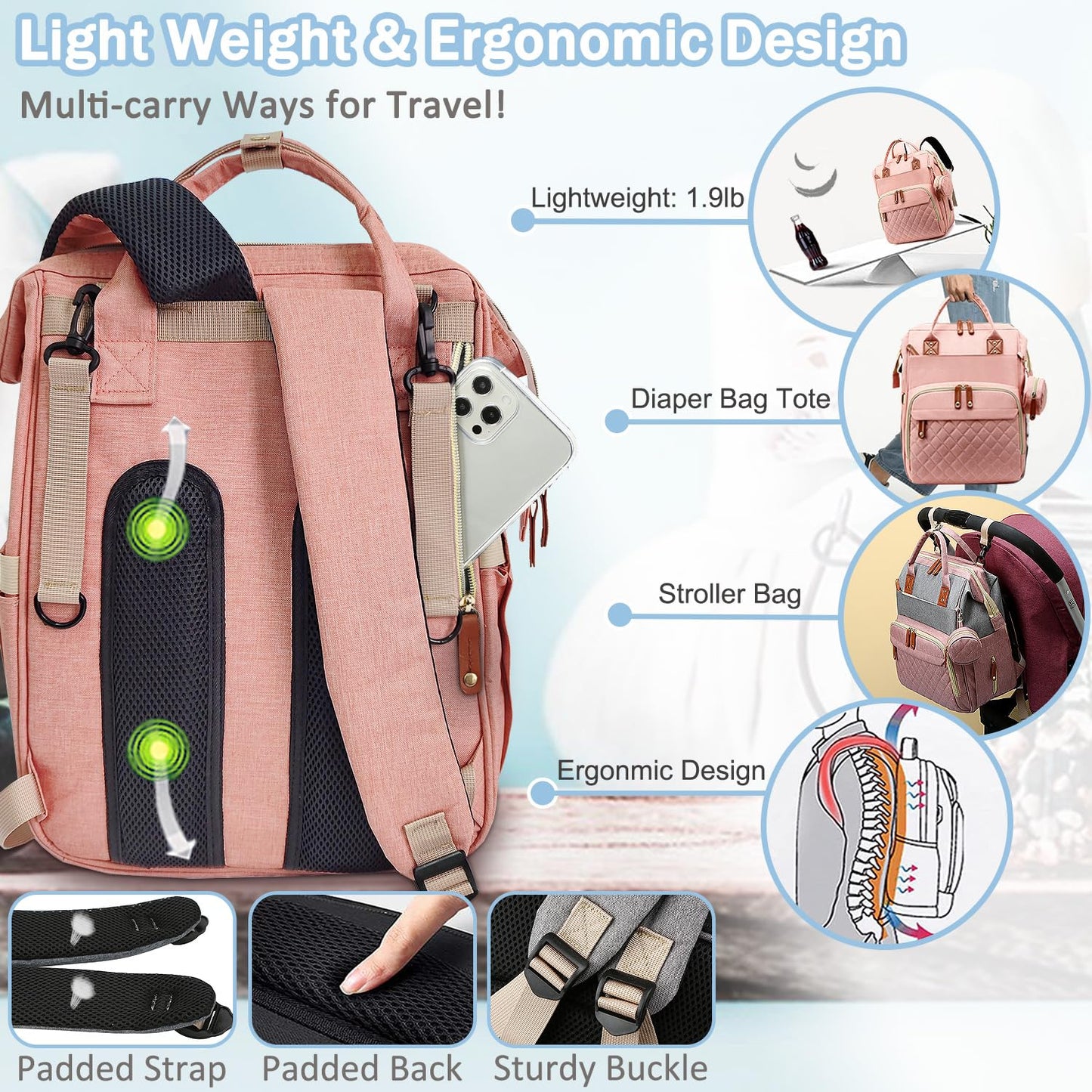 Diaper Bag Backpack Baby Bag, Baby Girl Boy Diaper Bag for Dad Mom with Pad,16 Pockets, Pacifier Case, Large Diaper Bags Unisex for Travel (Orange Pink)