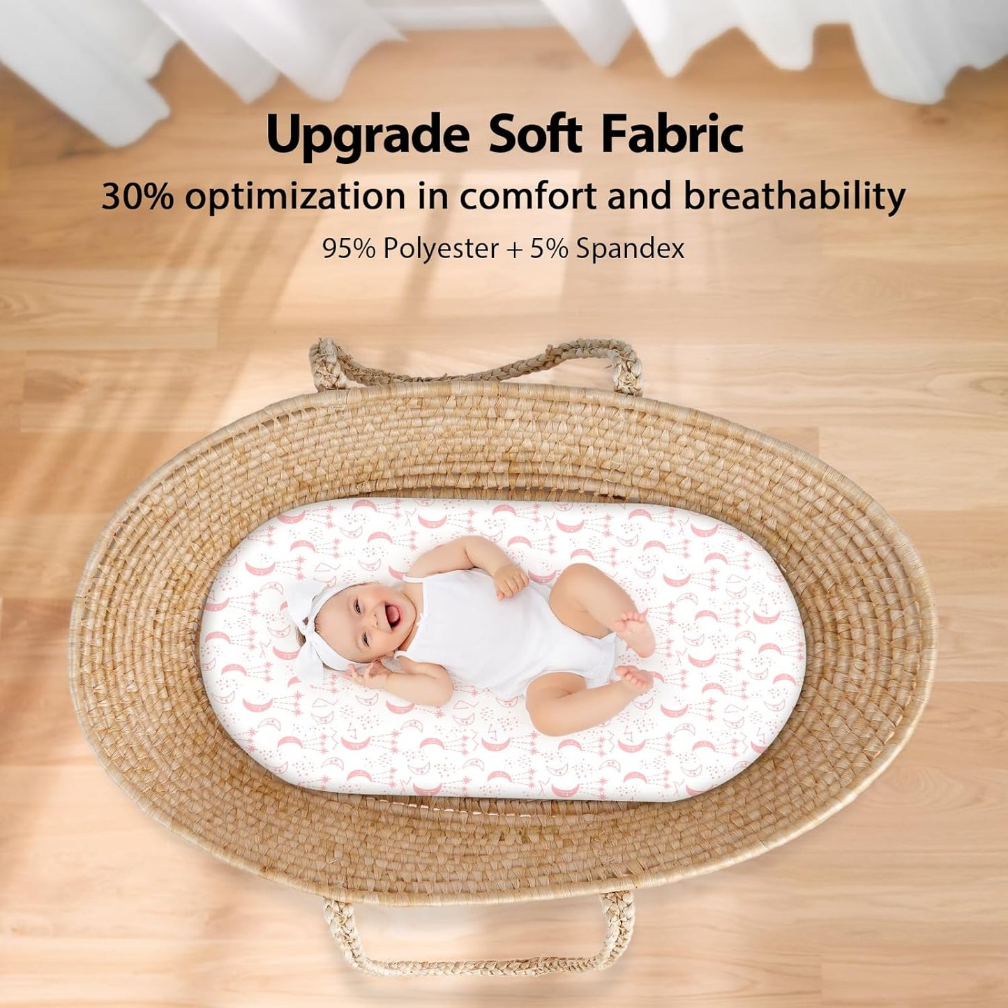 Baby Bassinet Sheets Girl Boy, Fitted Bassinet Sheet Set 3 Pack Bassinet Mattress Sheets Universal Fit for Rectangle, Round, Oval, Hourglass Mattress, Soft Breathable Pink White Moon