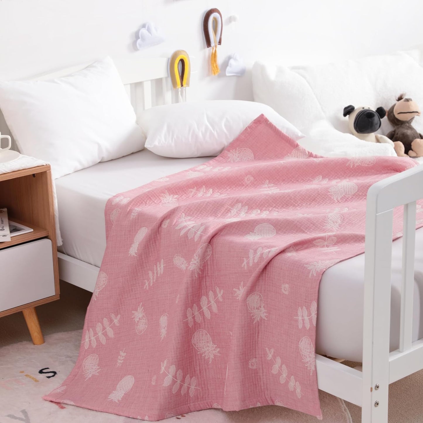 NTBAY 3 Layer Toddler Blanket, Muslin Cotton Jacquard Bed Blankets, Lightweight Thermal Baby Blanket, Super Soft and Warm Crib Blanket for All Seasons, Decoration Gift, 30"x40", Pink Pineapple