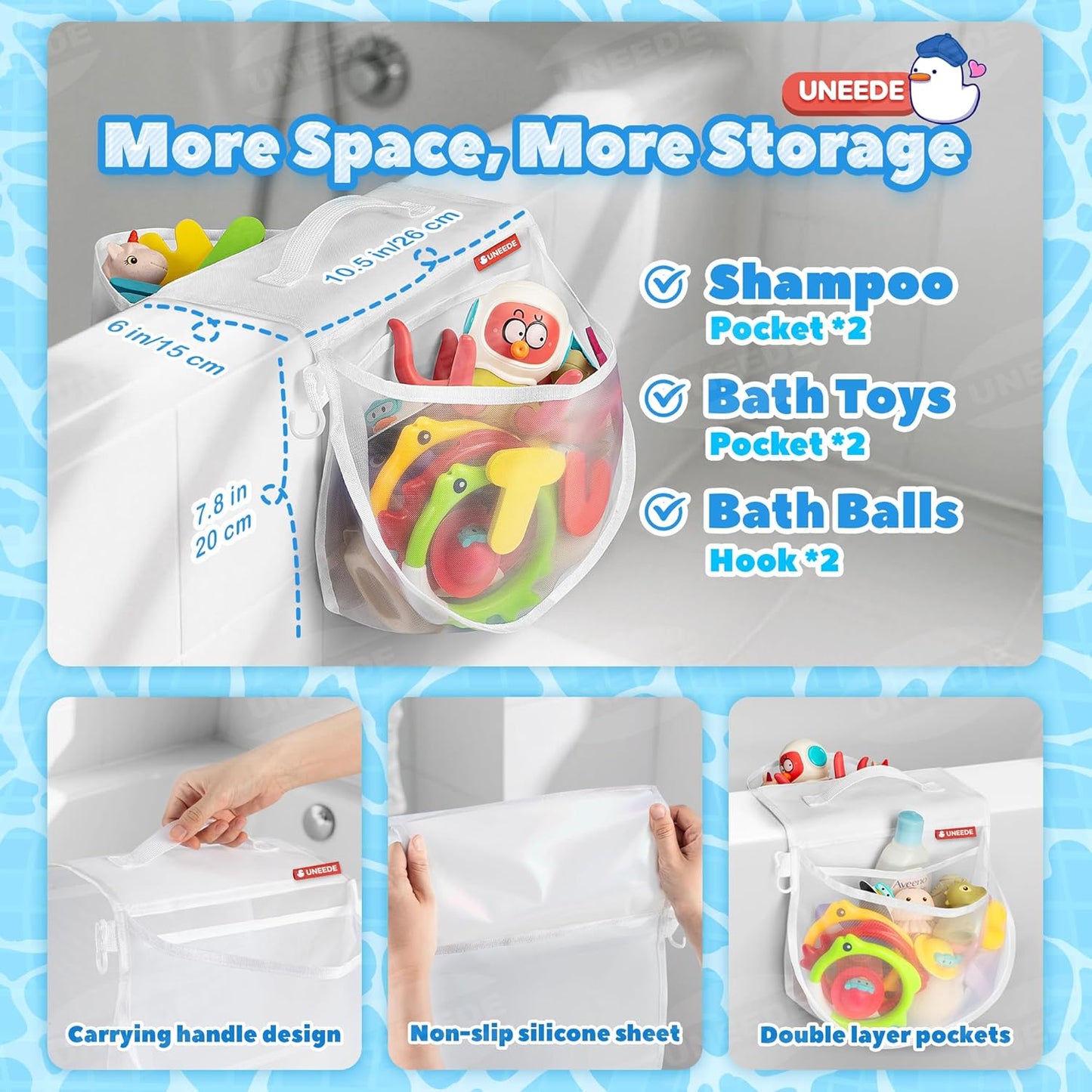 UNEEDE Bath Toy Storage Saddle Shape 2 Compartments,Quick Access丨Wide Opening Bathtub Toy Organizer for Tub,Nylon Mesh Shower Holder and Tub Storage Organizer for Kids,Easy to Clean and Install