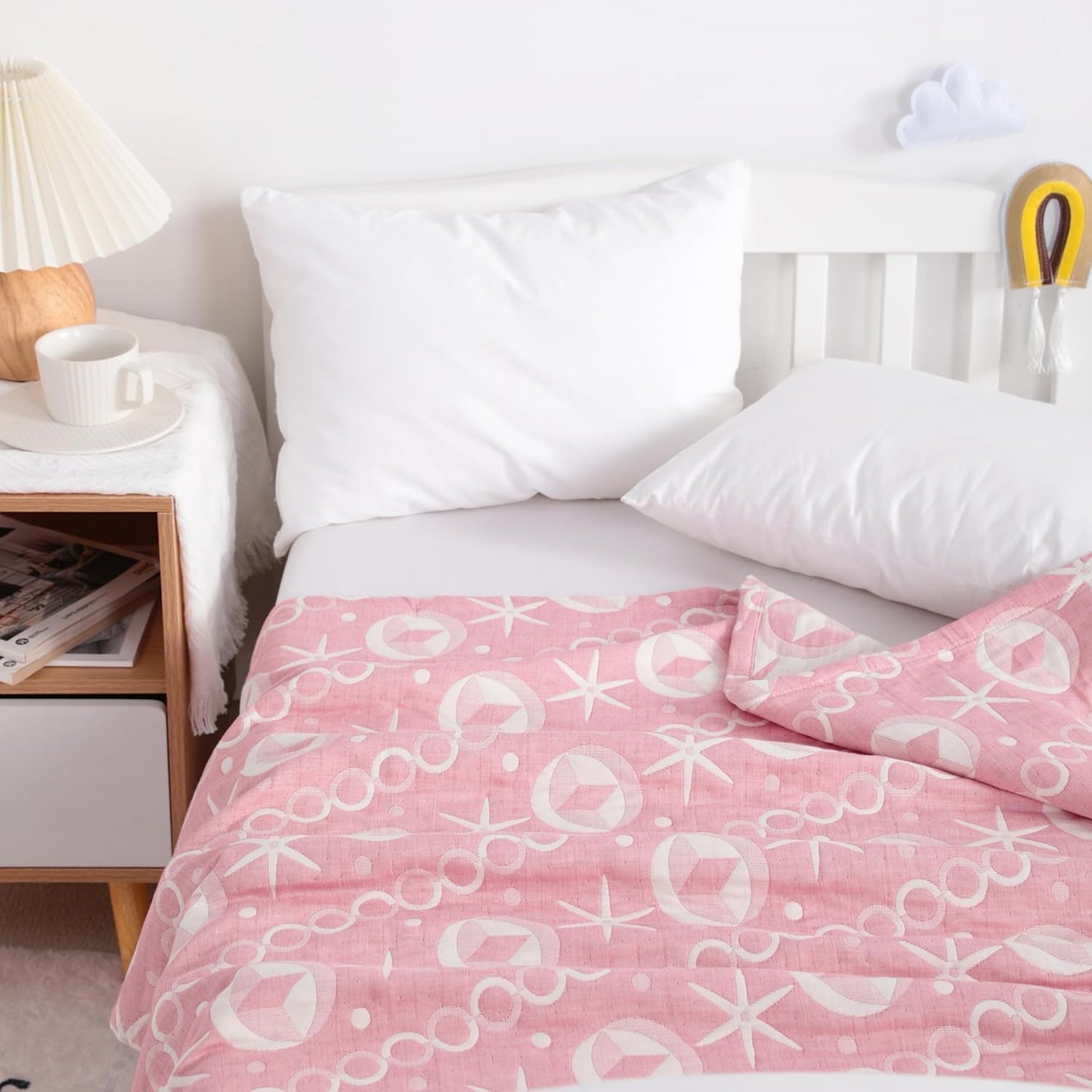 NTBAY 3 Layer Oversized Muslin Cotton Toddler Blanket, 45x60 Inches Jacquard Reversible Nursery Bed Blanket, Super Soft and Thermal Crib Blanket for All Seasons, Baby Gift, 45"x60", Pink Starfish