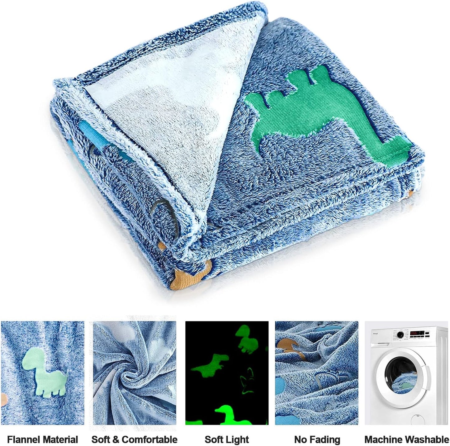 TEHALK Dinosaur Glow in the Dark Kids Throw Blanket, 60"x80", Blue