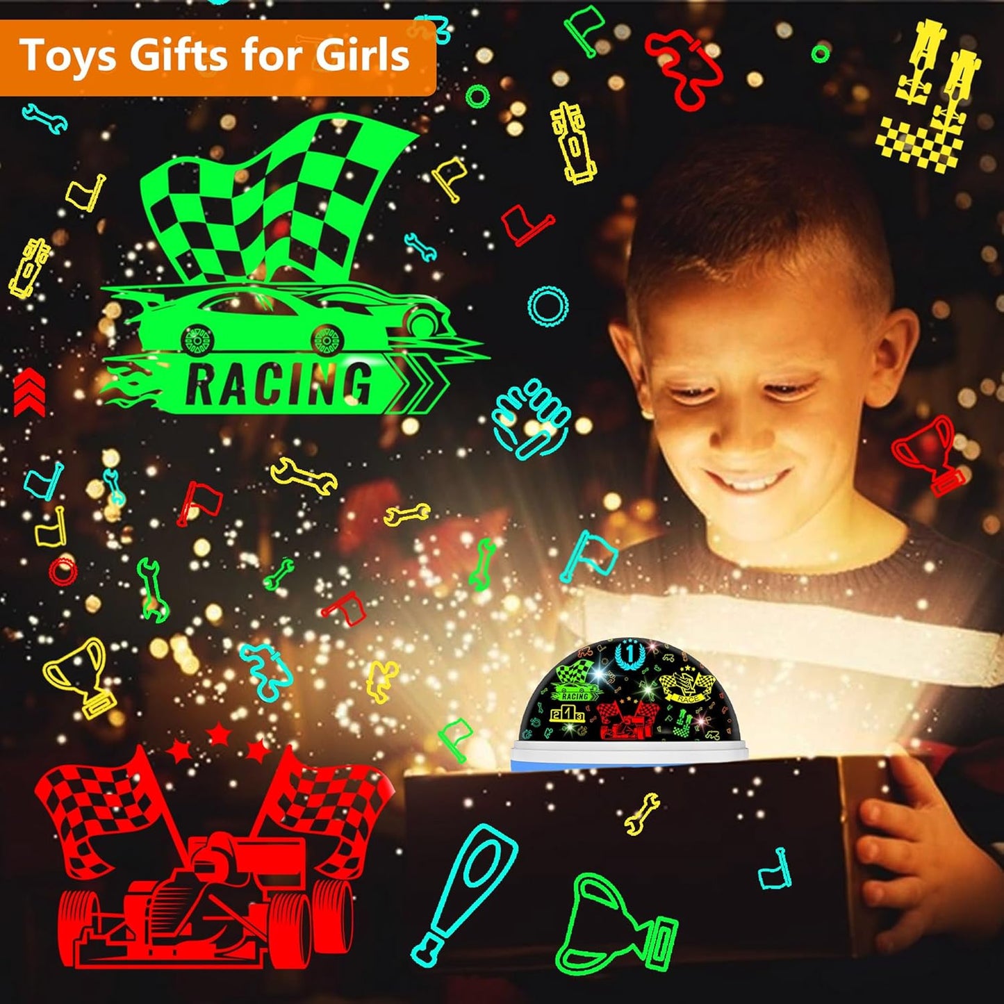 Cars Night Light for Boys - Rotating Projector Lamp with Race Car - Star Projector for Kids Age 3-8 - Ceiling Nightlight Projector with Cars and Stars - Birthday Gifts for Boys Room Decor