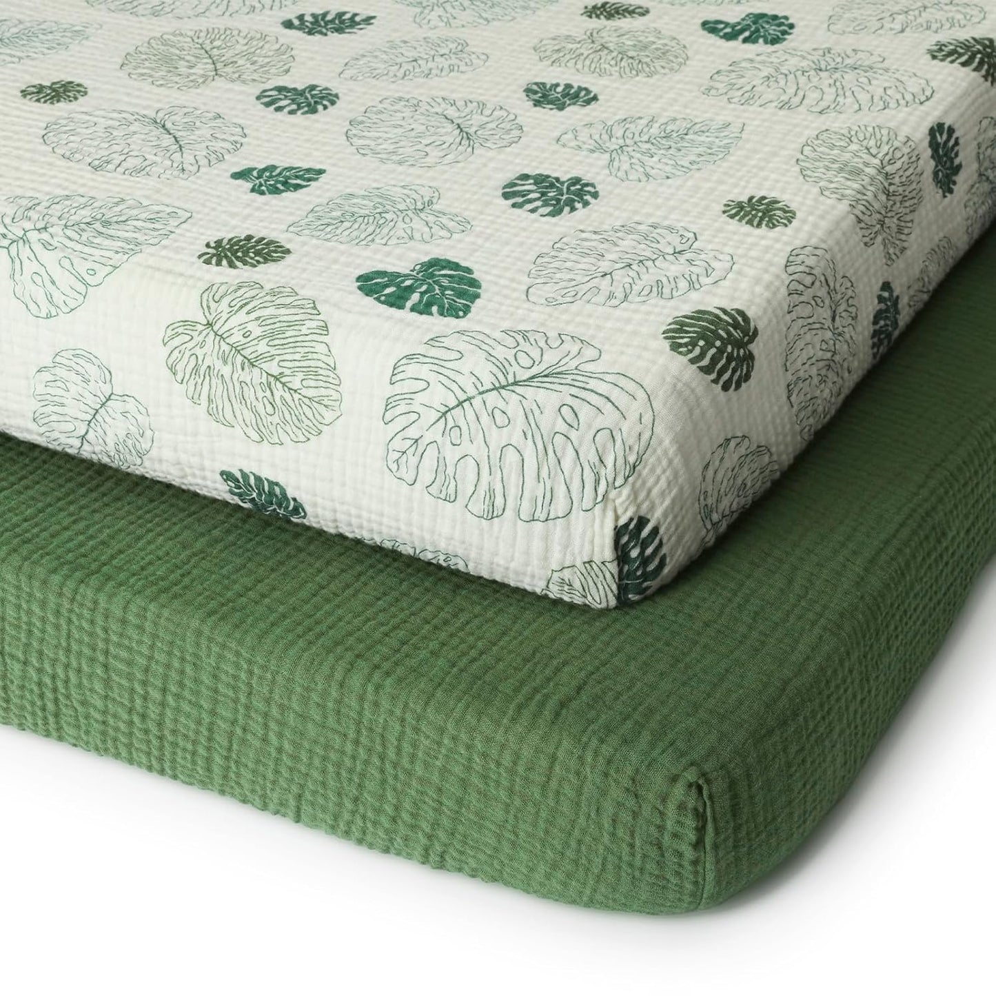 Blissful Diary Muslin Mini Crib Sheets, Pack and Play Mattress Sheets Fitted for Pack N Play, Soft Cotton for Boys Girls, 2 Pack(Monstera&Dark Green)
