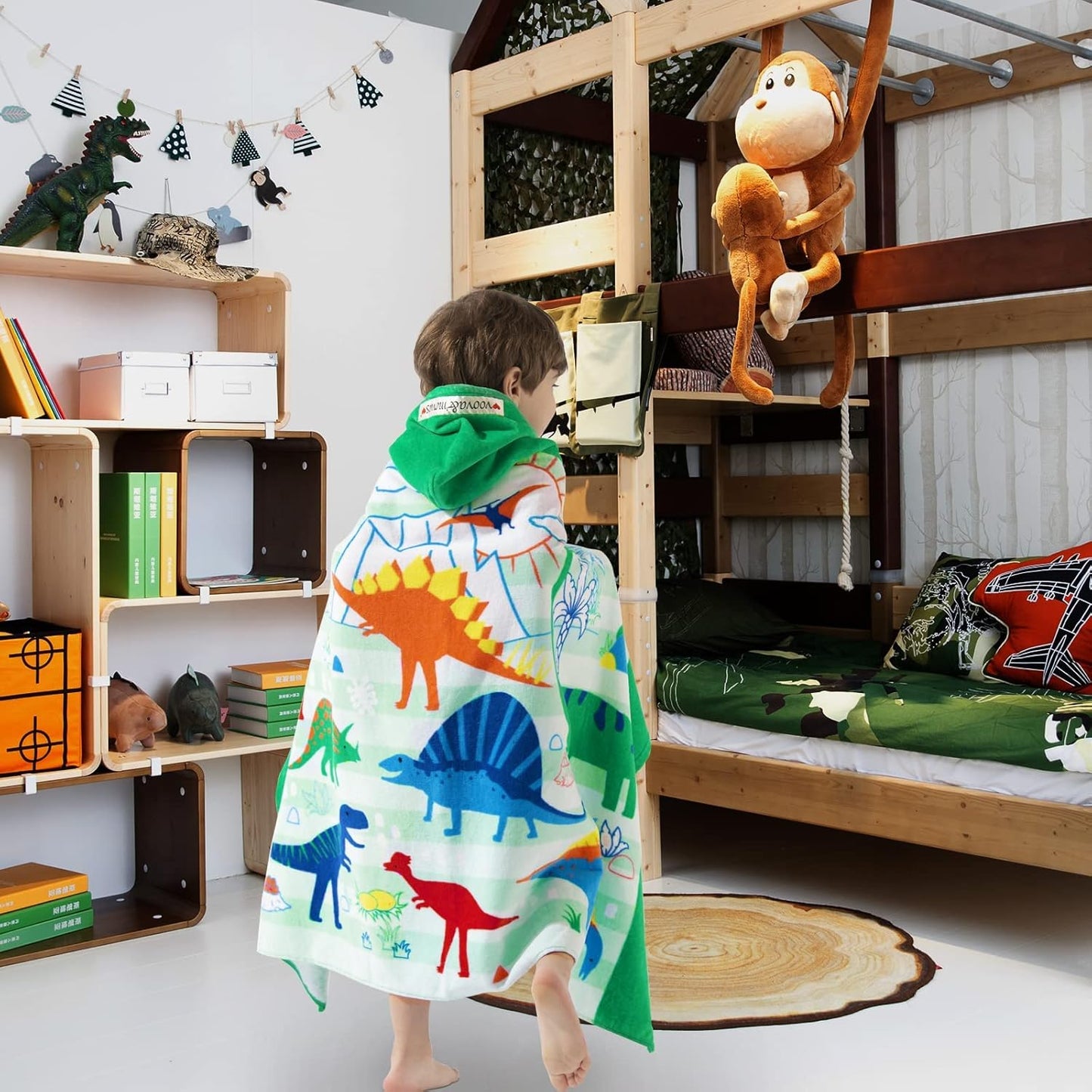 VOOVA & MOVAS Kids Hooded Bath Towel, Age 3-10, 30''X50'',100% Cotton | Thick | Absorbent, Beach | Pool | Bath | Bathroom | Swim Towel | Wearable Wrap for Boys, Dinosaur | Dino