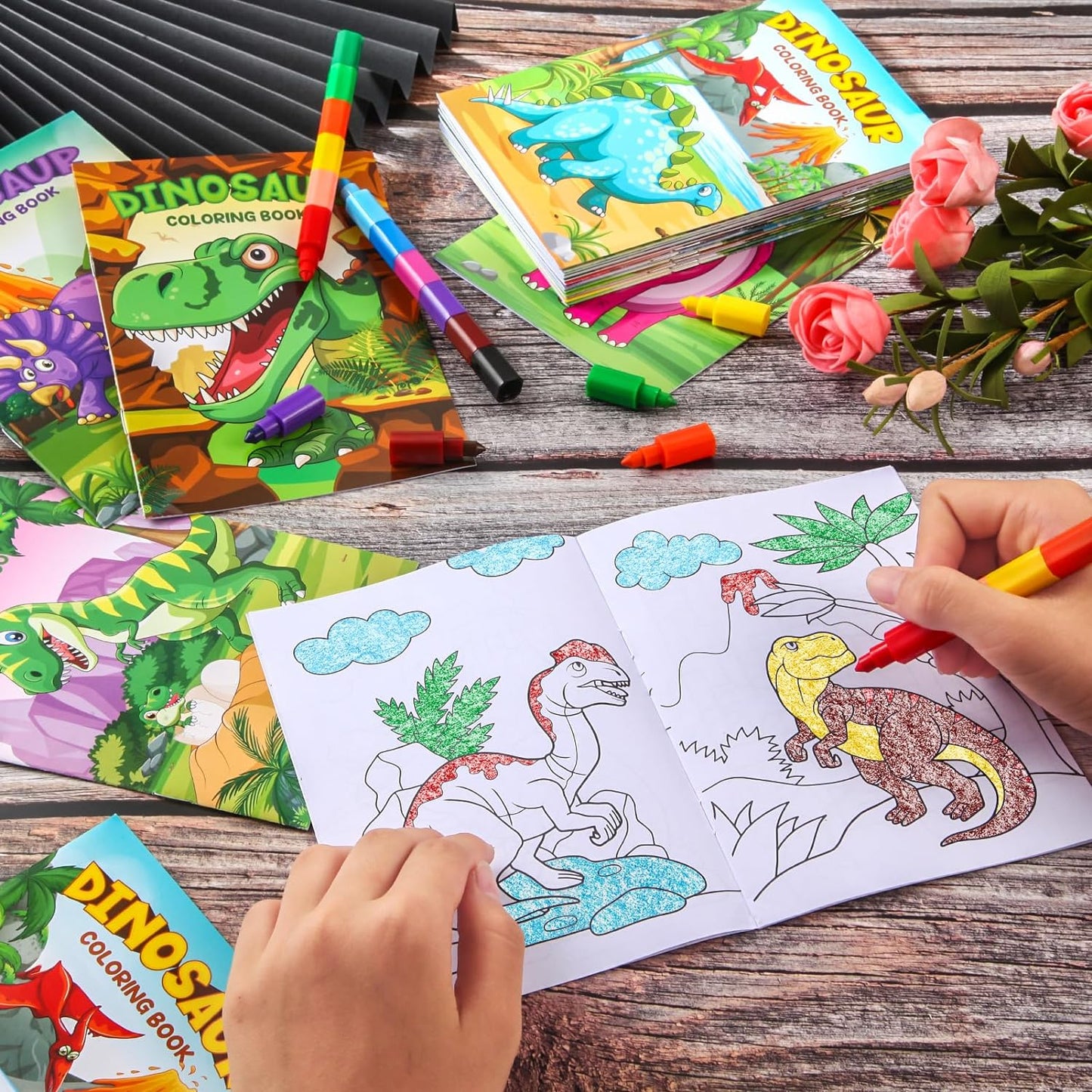 BenLouis 12 Dinosaur Mini Coloring Books Kids with 12 Stacking Crayons Dino Party Favors Small Activity Books Bulk for Kids Jurassic Party Gift Goodie Bag Stuffers