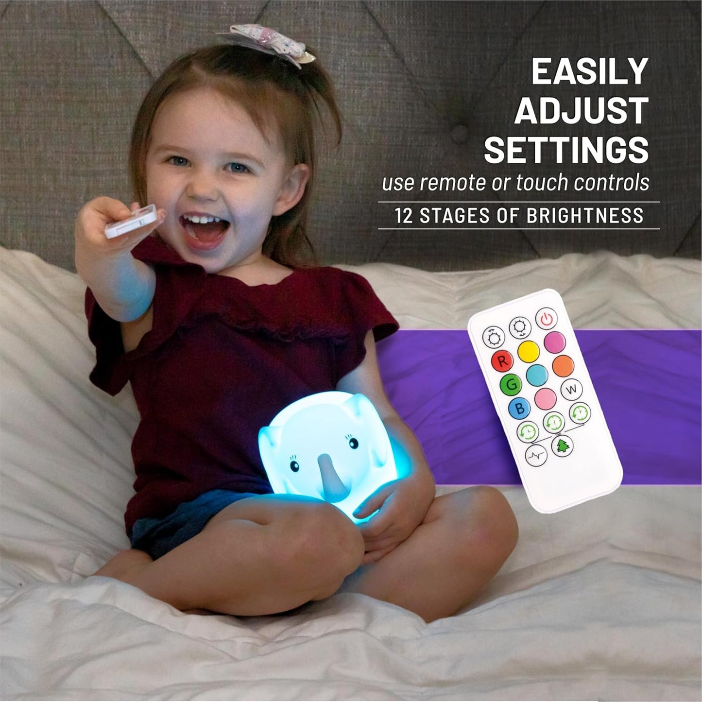 LumiPets Eggbert the Elephant Squishy Night Light for Kids | Silicone Nightlight with Tap, Remote Control | Rechargeable Color Changing Animal Light for Girls & Boys | Portable Mood Lamp With USB Cord