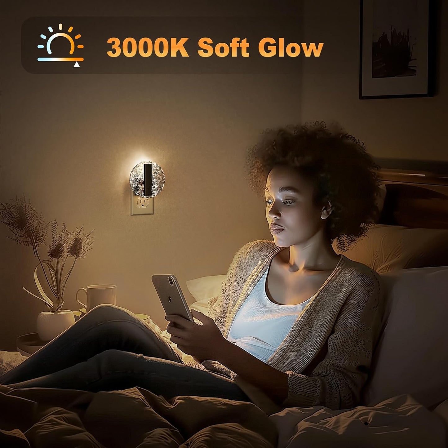 JandCase Night Light, LED Night Lights Plug into Wall, 3000K Warm White Nightlight with Dusk to Dawn Light Sensor, 0-100LM Adjustable Brightness, for Bathroom, Bedroom, Hallway, Stairs, 2 Pack