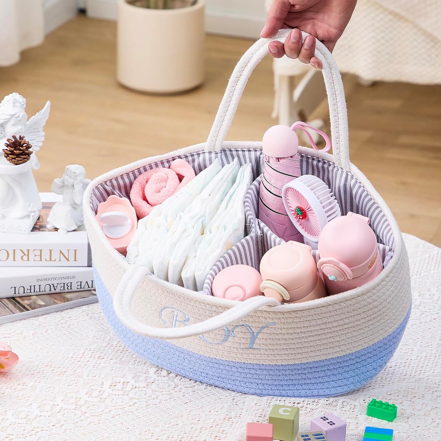 DUHEL Diaper Caddy Organizer with Handle,Baby Basket use for Diaper Organizer and Storage,Baby Boys Newborn Essentials,3 Compartments-Cotton rope Material Storage for Home or Travel.(White＆Blue)