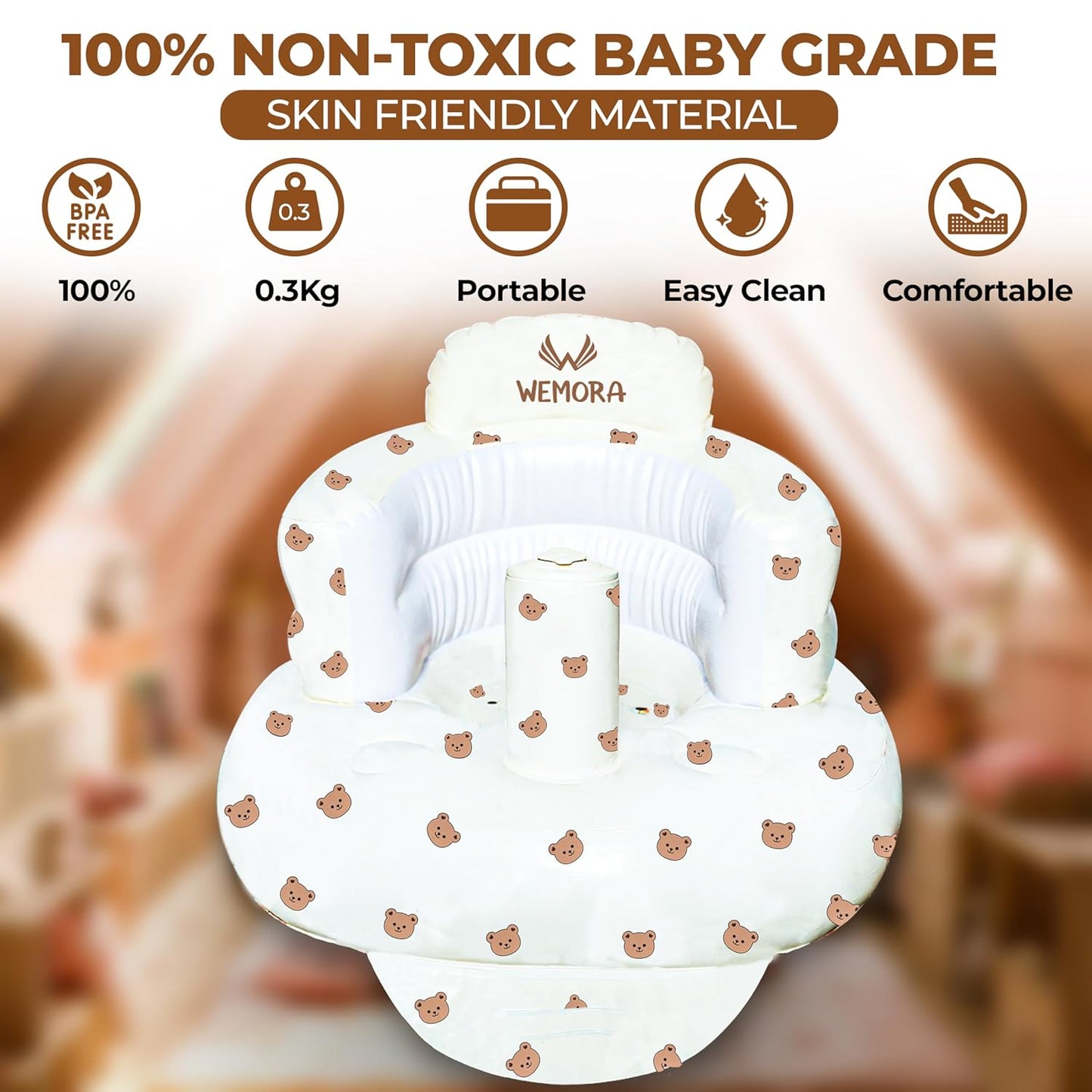 Inflatable Baby Seat for Babies 3-36 Months Blow Up Chair for Babies Infants Toddler Floor Sitting Up with Built in Air Pump (White, Bear Head)