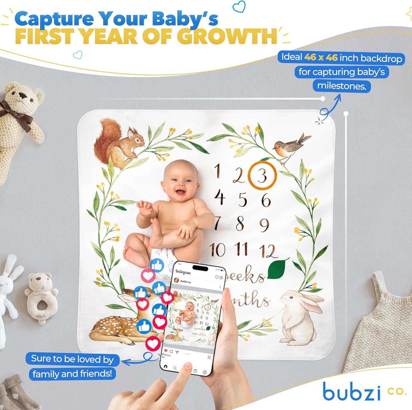 Bubzi Co Baby Monthly Milestone Blanket, Soft Woodland Photo Blanket for Baby Boy & Baby Girl, Nursery Bed Blanket, Newborn Essentials, Baby Registry Must Haves