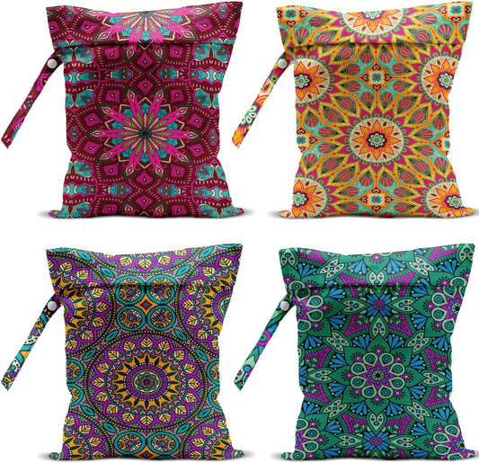 4 Pack Boho Mandala Floral Lover Gift Wet Bag Waterproof Washable Reusable Wet Dry Bag for Swimsuit Clothes Cloth Diaper Travel Pool Yoga Toiletries Gift for Women Sister Bestie Birthday Christmas