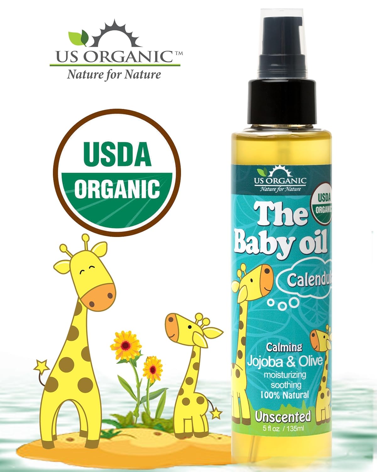 US Organic Baby Oil with Calendula, Jojoba, and Olive Oil with Vitamin E, USDA Certified Organic, No Alcohol, Paraben, Artificial Detergents, Color, Synthetic Perfumes, 5 fl. Oz (Pure Unscented)