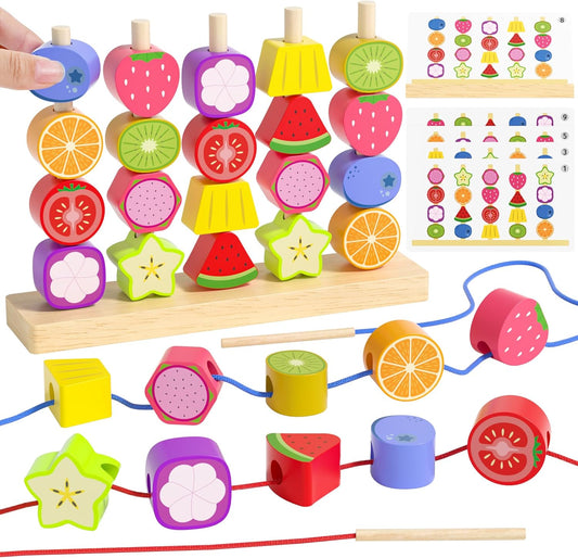 Montessori Toys for 3 4 5 Year Old, Wooden Fruit Toddler Stacking Toys, Stacking Blocks & Lacing Beads & Shape Sorter Toy for Toddler, STEM Preschool Learning Toys for Kids Boys Girls