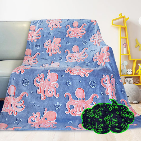 Octopus Twin Blanket for Couch & Bed - Glow in The Dark Ocean Blanket Soft Octopus Gifts for Kids, Blue Sea Animal Fleece Throw for Home Decor Christmas Birthday Present 60"x80"