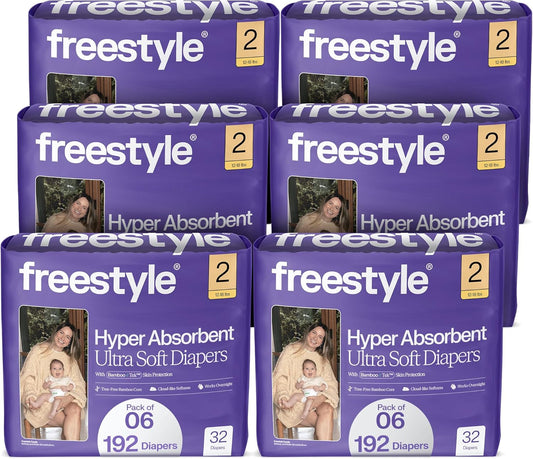 Freestyle BambooTek Diapers – (Size 2) Hyper Absorbent & Non-Toxic – Disposable Diapers for Sensitive Skin – Ultra Soft Diapers (12-18 lbs) – 192 Count