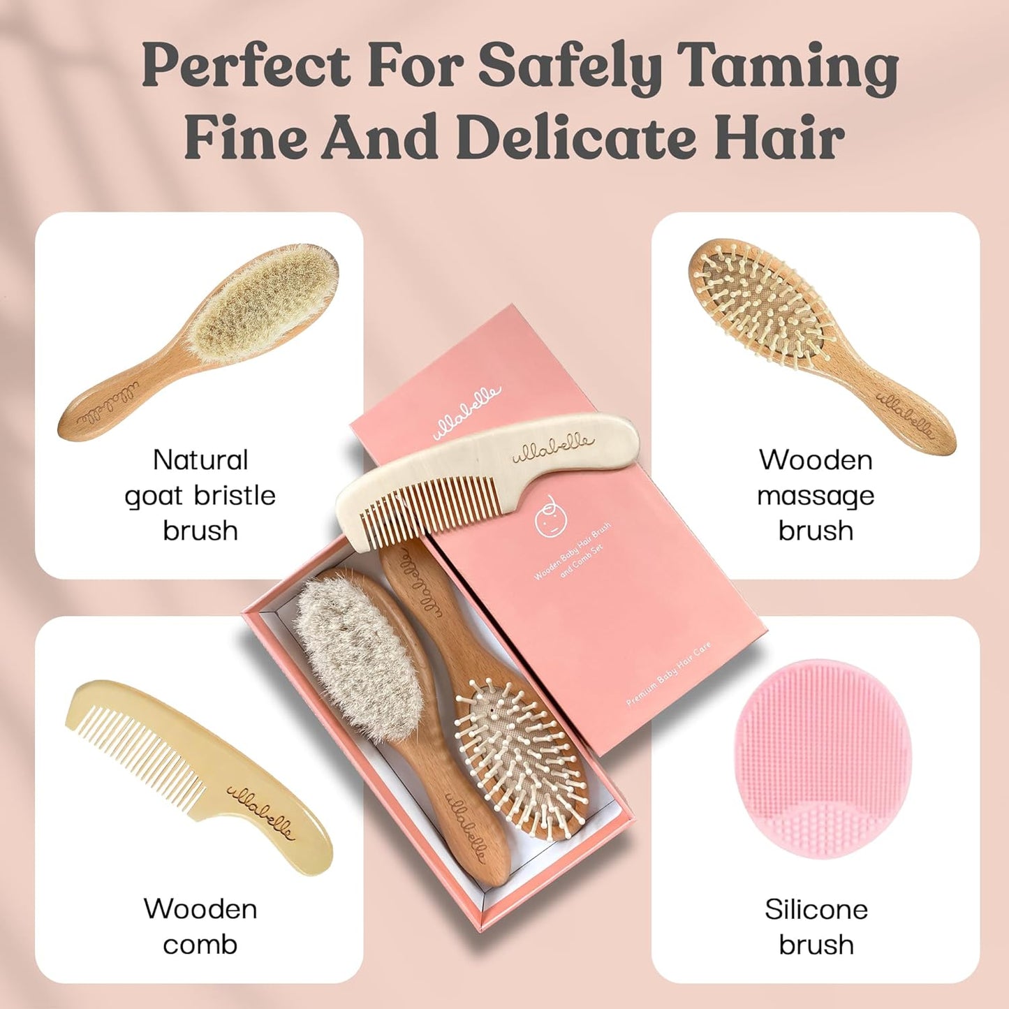 Ullabelle 4 Piece Wooden Baby Hair Brush and Comb Set for Newborns & Toddlers in Chic Gift Box - Ultra Soft Natural Goat Hair and Wood Baby Brush Set Prevents Cradle Cap - Perfect Registry Gift (Pink)