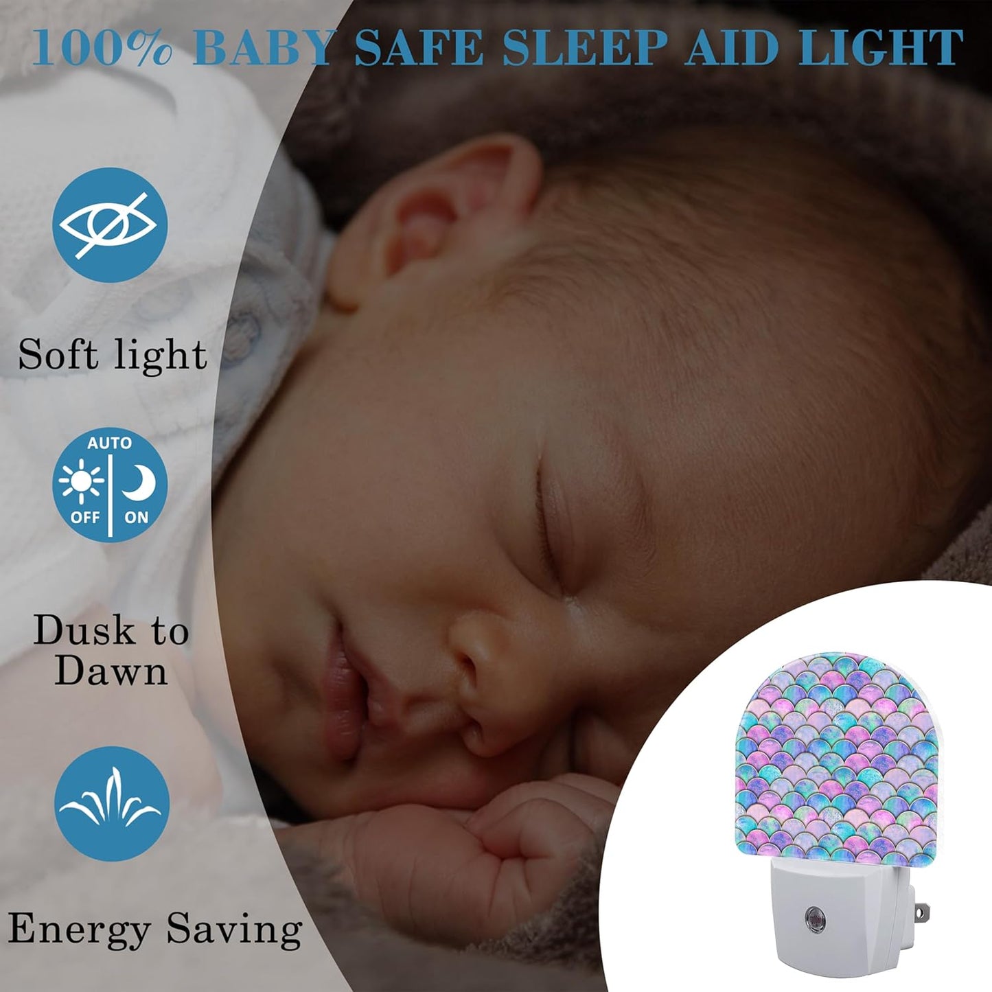 Night Light for Kids Girls Boys, Watercolor Mermaid Fish Scale Wave LED Night Light Plug into Wall with Dusk to Dawn Sensor for Room Decor, Hallway, Kitchen, Bathroom, Nursery, Stairs
