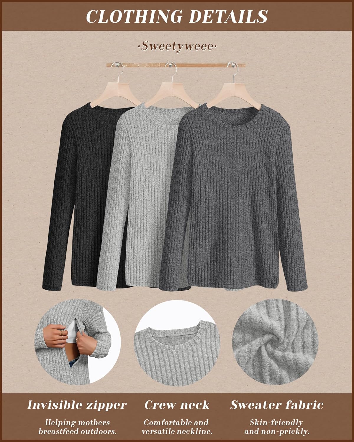 3 Pack Women's Nursing Long Sleeve Tops Breastfeeding Thermal Sweaters with Hidden Zipper Maternity Ribbed Shirts