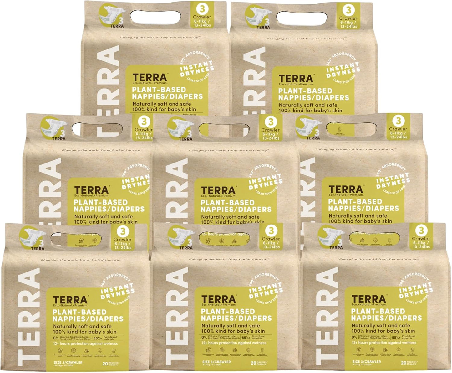 Terra Size 3 Diapers: 85% Plant-Based Diapers, Ultra-Soft & Chemical-Free for Sensitive Skin, Superior Absorbency for Day or Nighttime Diapers, Designed for Babies 13-24 Pounds, 160 Count