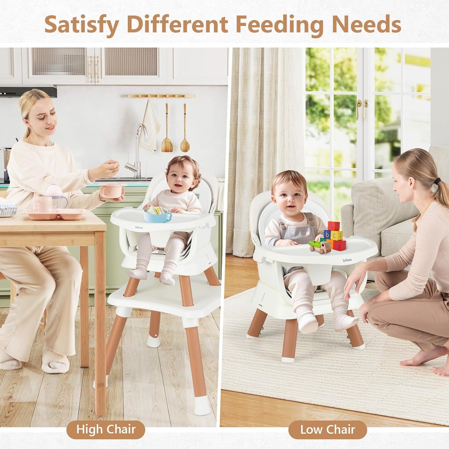 INFANS 8 in 1 Baby High Chair, Convertible Highchair for Babies and Toddlers, Infant Dining Booster Seat, Building Block Table, Kids Stool Table Chair Set with Removable Tray (8 in 1, White)