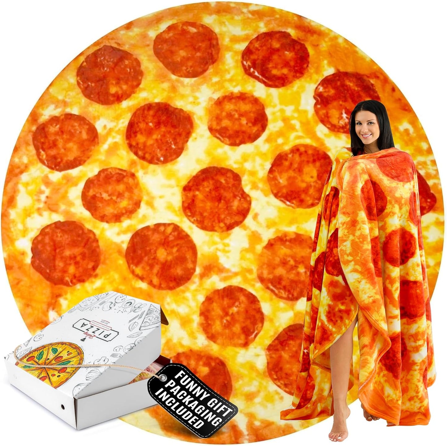 Zulay Giant Double Sided Pepperoni Pizza with Gift Gift Packaging - Novelty Blanket for Adults & Kids - Soft Flannel Round Pepperoni Blanket for Indoors, Outdoors, Travel, Home, 285 GSM - 60 Inches