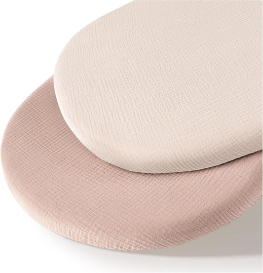 Muslin Bassinet Sheets for Babies – Soft & Breathable 100% Cotton Fitted Sheets for Oval, Rectangle, Hourglass Bassinet Mattress Pads, 2-Pack (Ivory & Pink)