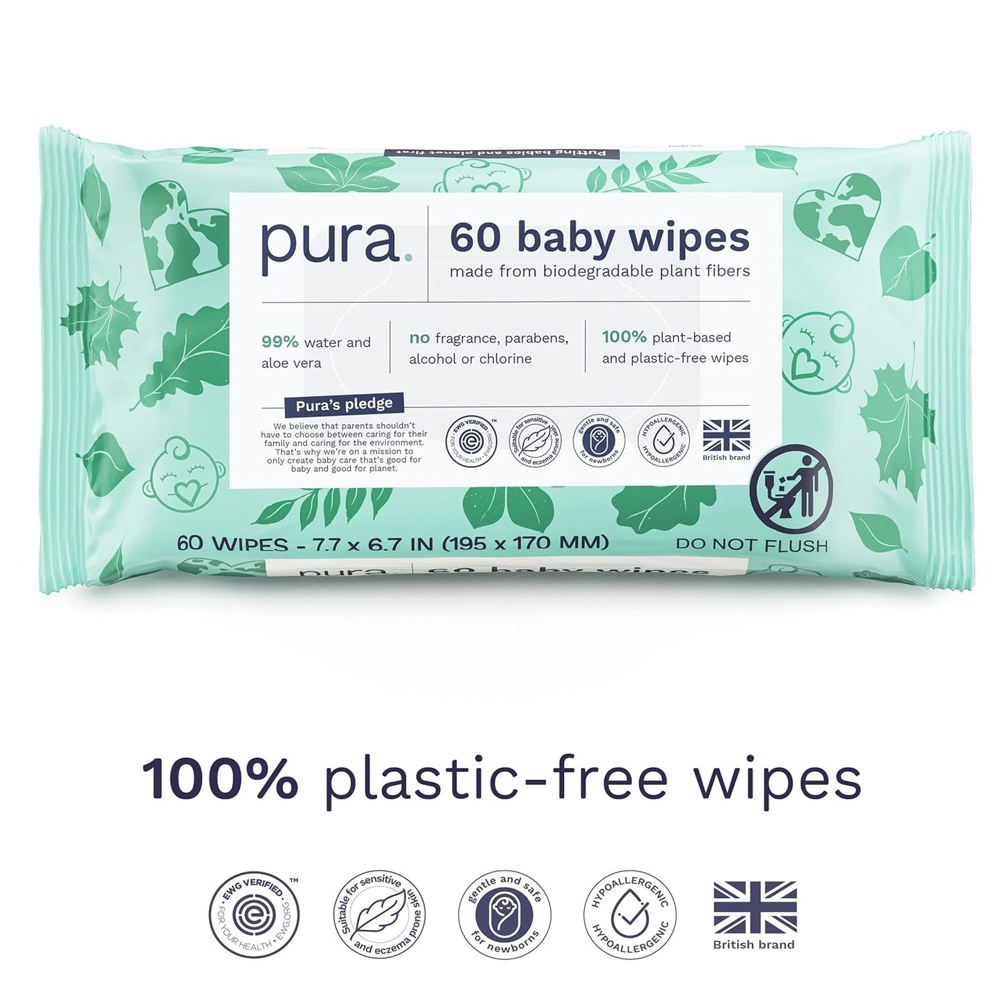 Pura Baby Wipes 3 x 60 per pack (180 Wipes) 100% Plastic-Free & Plant Based Wipes, 99% Water, Suitable for Sensitive & Eczema-prone Skin, Fragrance Free & Hypoallergenic, EWG, Cruelty Free (Pack of 2)