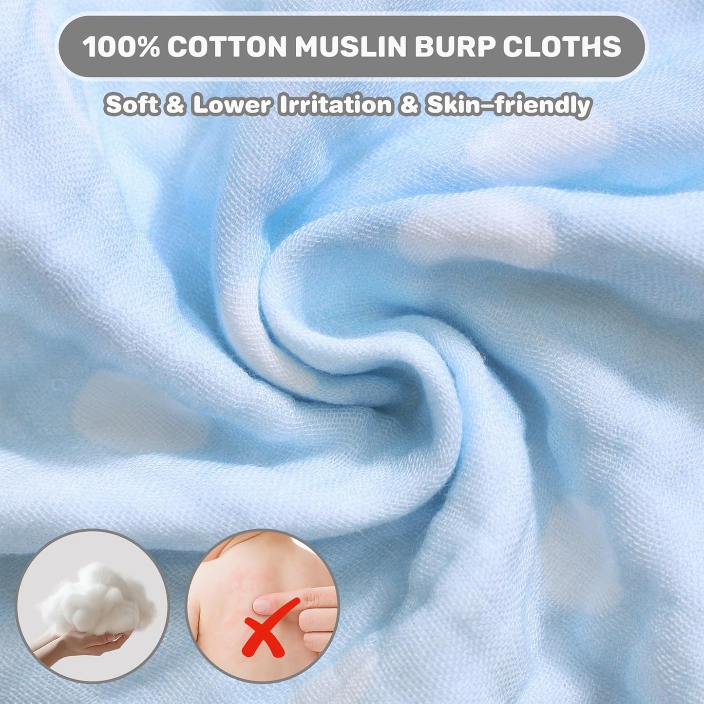 Viviland Baby Muslin Burp Cloths, Super Absorbent Washcloths for Baby Girl and Boy, 10 x 20 inches 6-Layer Baby Bath Towels, Blue Rainbow & Stars 4 Pack