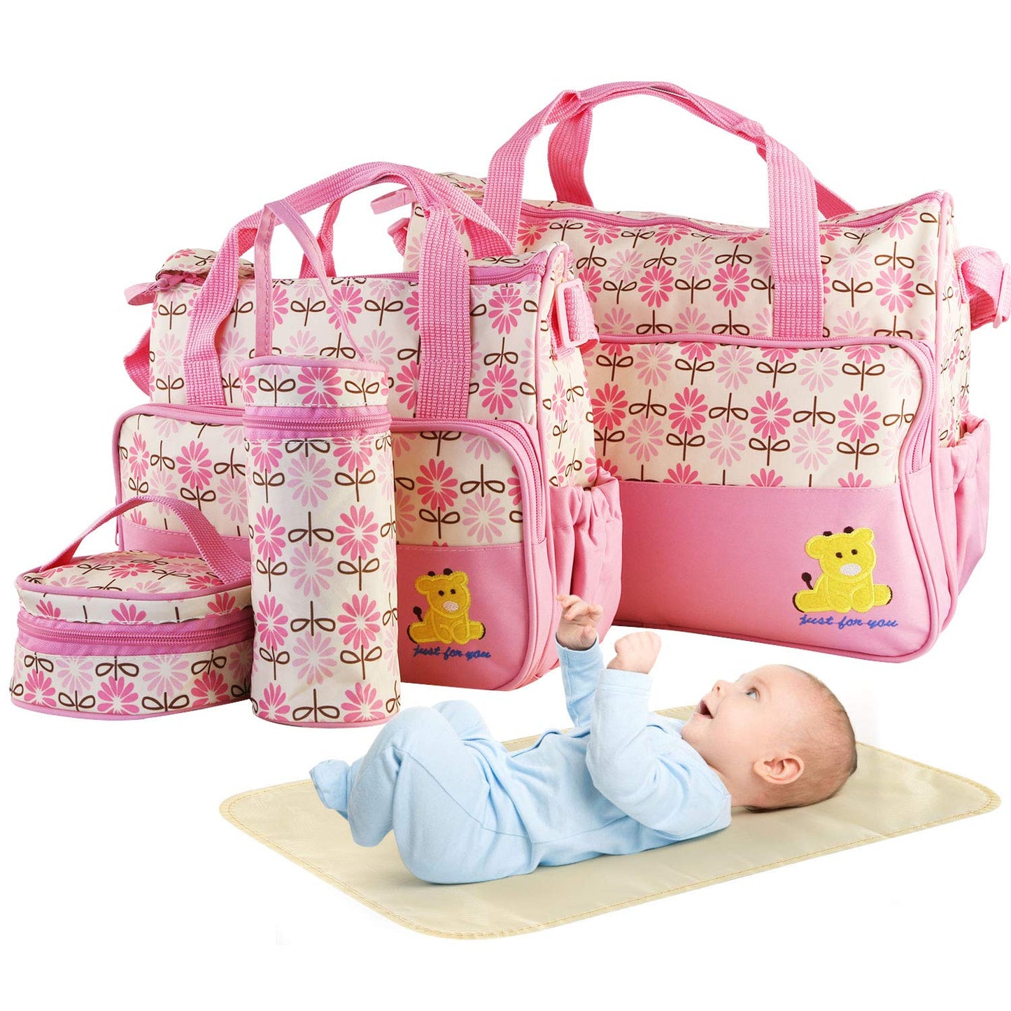 5PCS Diaper Bag Tote Set for Baby Essentials – Large Baby Bags for Mom, Waterproof Maternity Bags with Bottle Bag, Food Bag & Changing Pad (Pink)